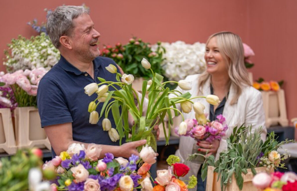 Founders Andy and Cher of Make Everyday Bloom in their London studio, experts in sourcing auction-direct peonies from France, Israel, and the UK.