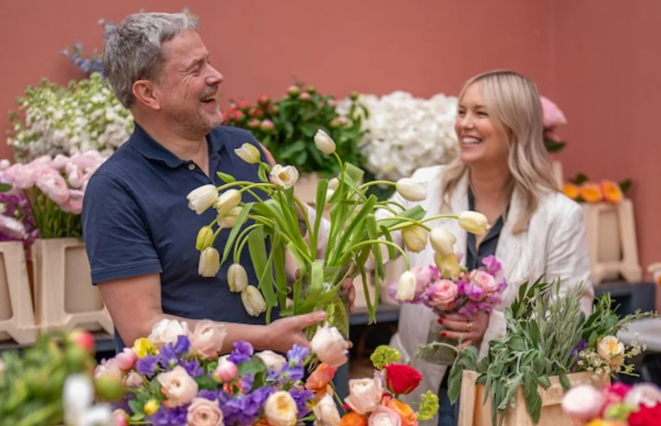 Founders Andy and Cher of Make Everyday Bloom in their London studio, experts in sourcing auction-direct peonies from France, Israel, and the UK.
